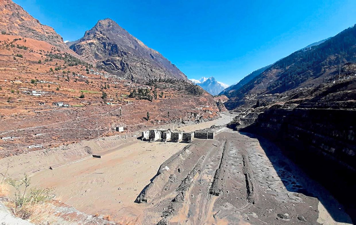 A view of a damaged hydropower project in northern India after a portion of the Nanda Devi glacier broke off in 2021.