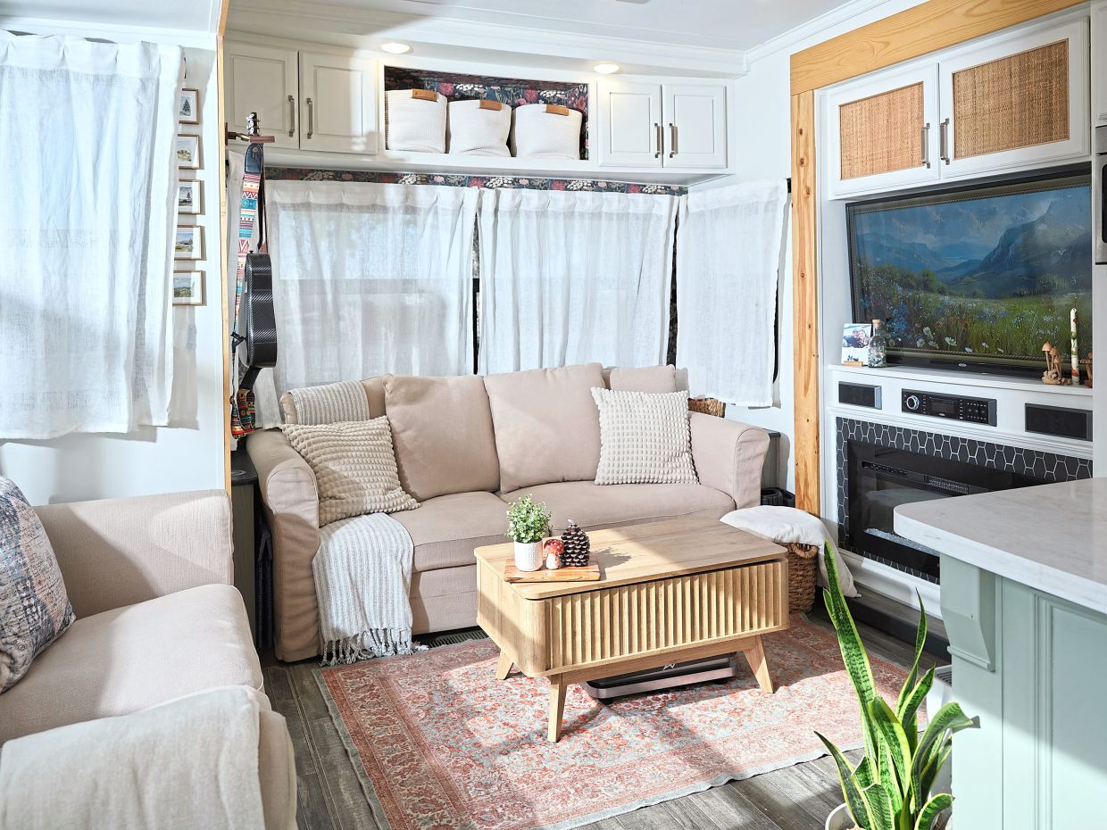 The cosy 'living room' of the Evans’ RV.
