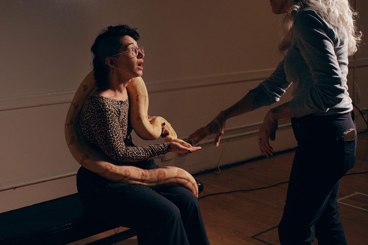 Animal talent expert Nancy Novograd (right) interacts with performance artist Zoe Ziegfeld.