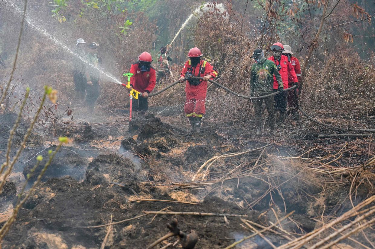 Forestry department firefighters extinguish a peatland fire at Kuala Dua village in Kubu Raya, West Kalimantan, on Sunday, September 6, 2026. Indonesia has been battling for weeks to contain wildfires and thick smog, which has been drifting to Malaysia, Singapore and the Philippines. -- Photo by BAY ISMOYO / AFP