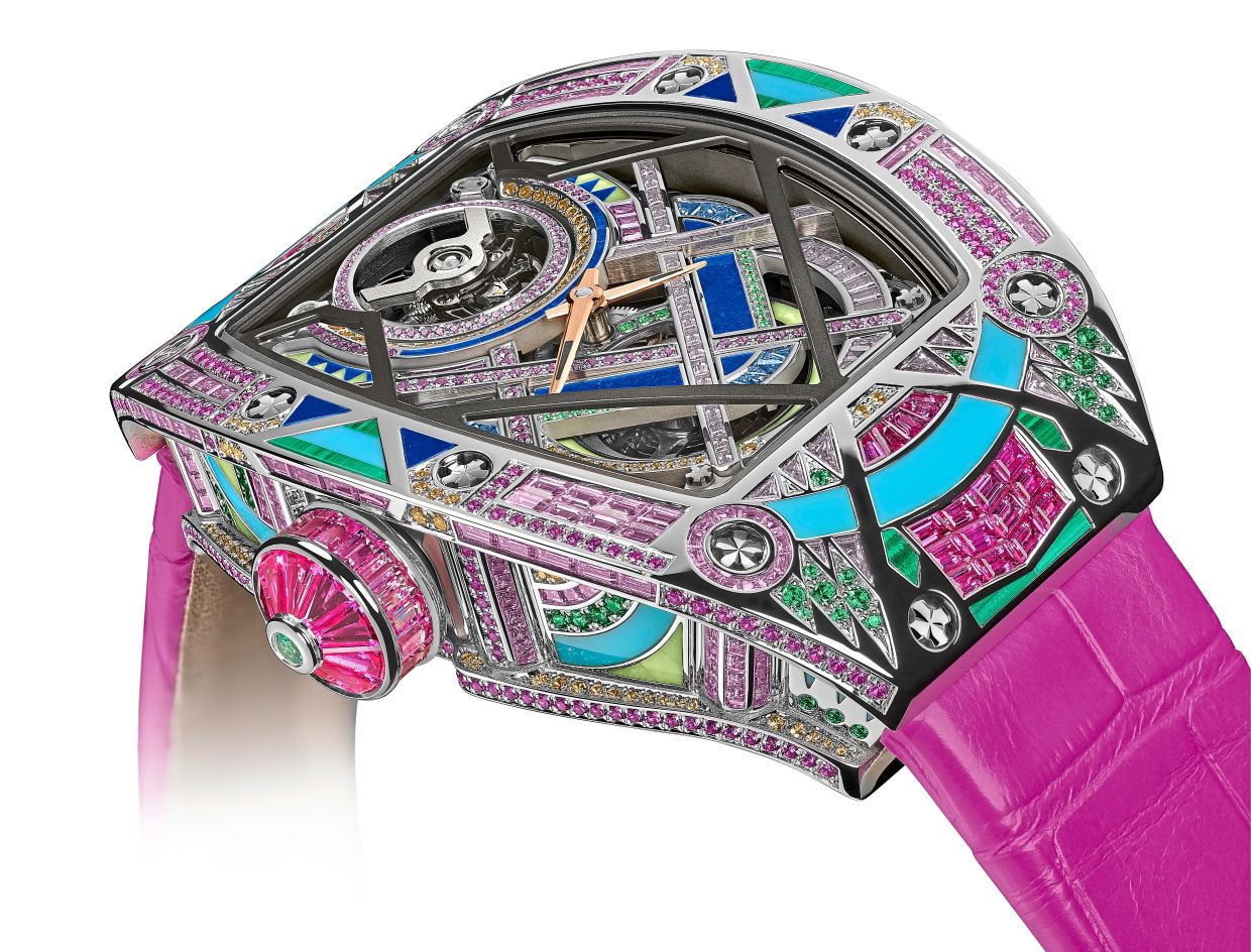The edgy Pink Pursuit RM HJ-02 is anchored by pink sapphires and rubies.