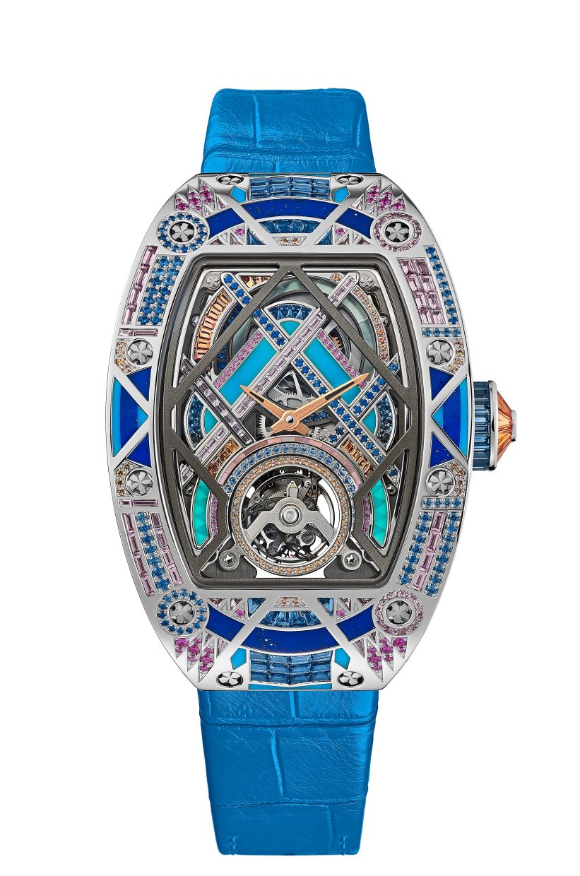 The blue RM HJ-02 achieves a marine palette with blue sapphires alongside pink and orange Padparadscha sapphires. 