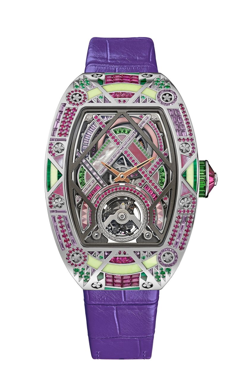 Fields of rubies intersect with baguette-cut purple sapphires in the bold Violet Variations of RM HJ-02.