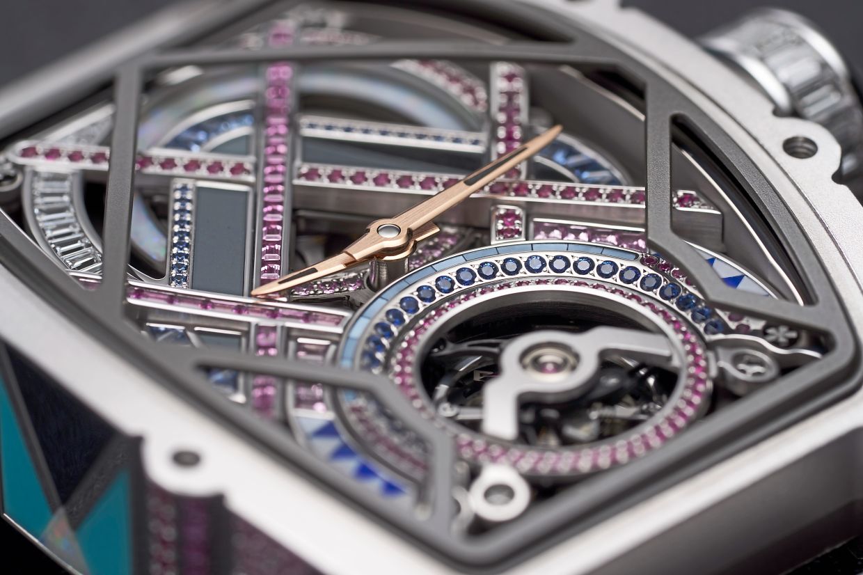 Close up of the gem-studded case and dial.