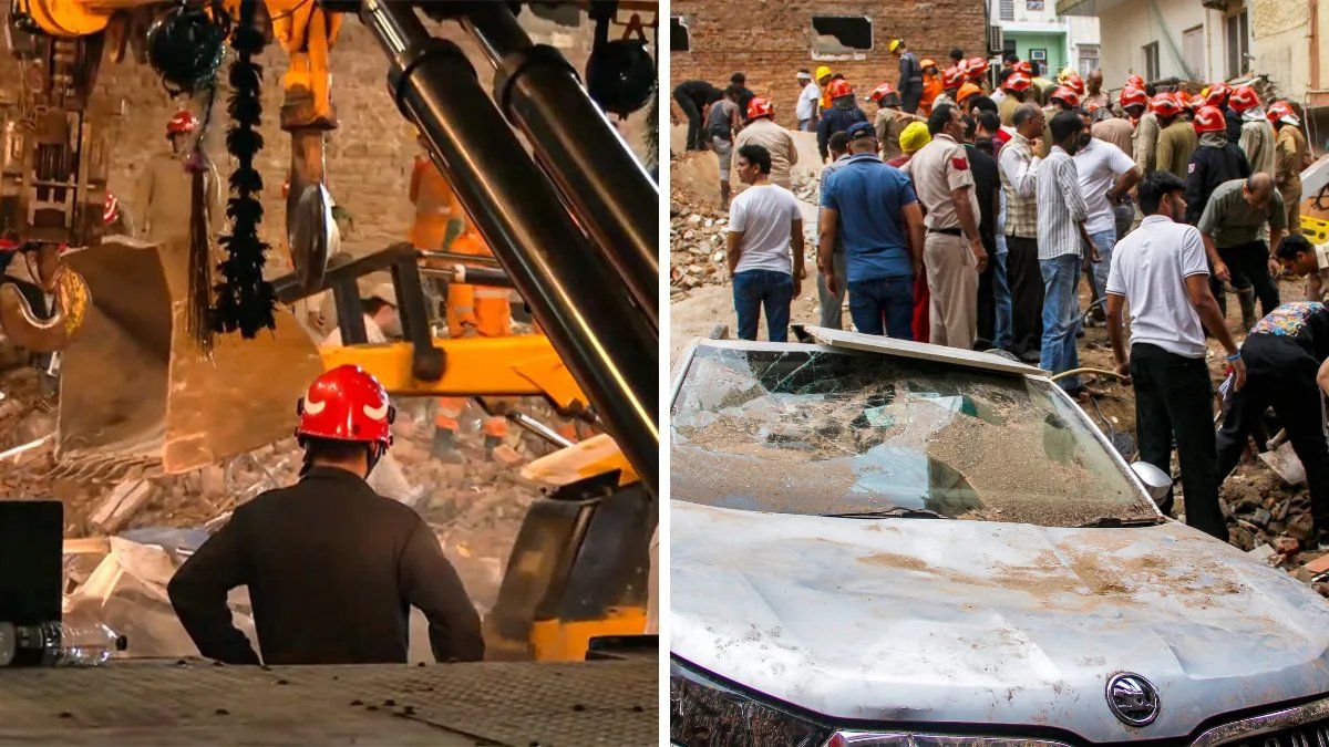 Rescue teams continue search operations at the site of the collapsed paying guest building in Delhi’s Satya Niketan after the death toll rose to six. - Photo: IANS