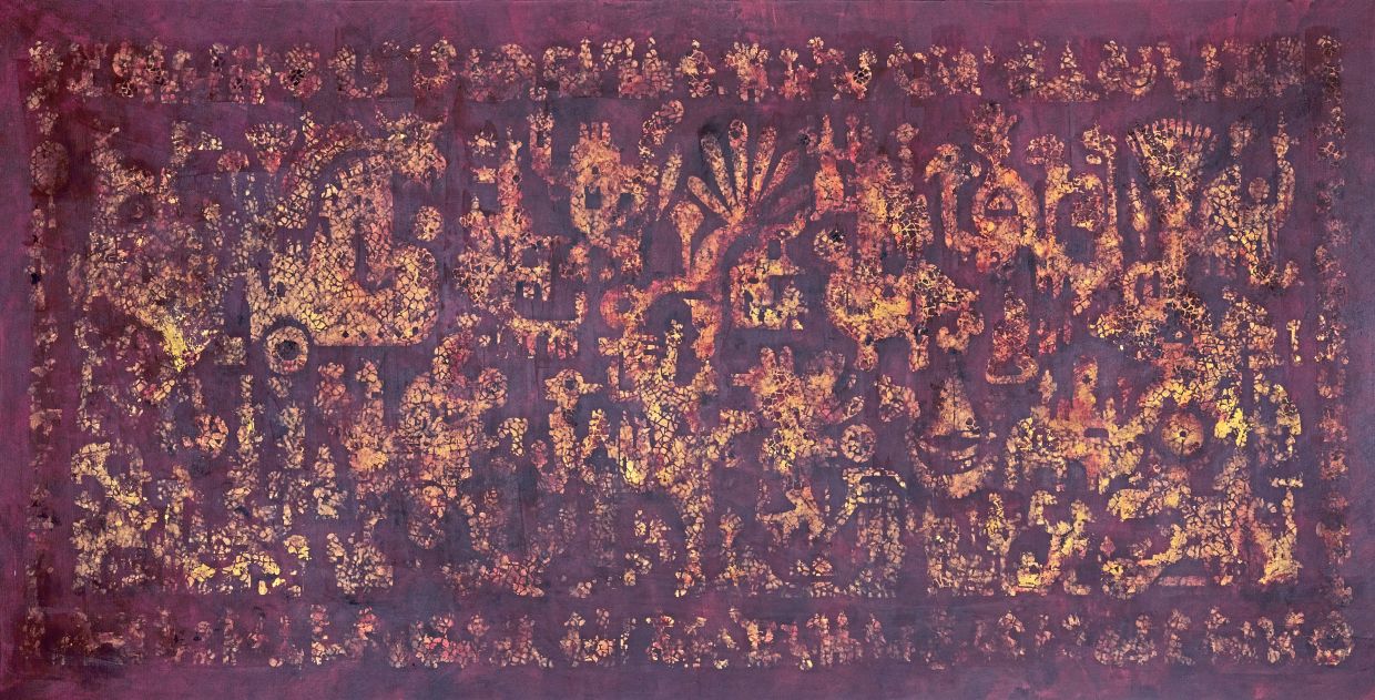 In Rajinder’s 'Pargat' (mixed media, 2026), figures, animals, architectural forms and phulkari fragments emerge through layers of deep red, ochre and gold. Photo: Wei-Ling Gallery