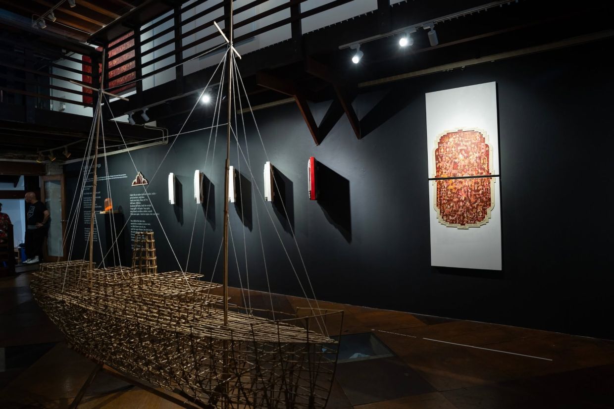 Rajinder’s collaborative bamboo work (left) brings the history of the SS Rajula into dialogue with the local tradition of effigy making. Photo: Wei-Ling Gallery