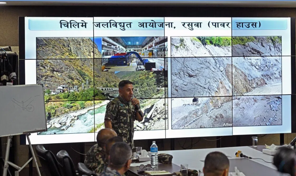 Nepali Brigadier General Subash Jung Thapa giving a briefing about the search and rescue operations being carried out in the tunnels, at a press conference by the National Disaster Risk Reduction and Management Authority on Sept 7. - ST: DESMOND FOO