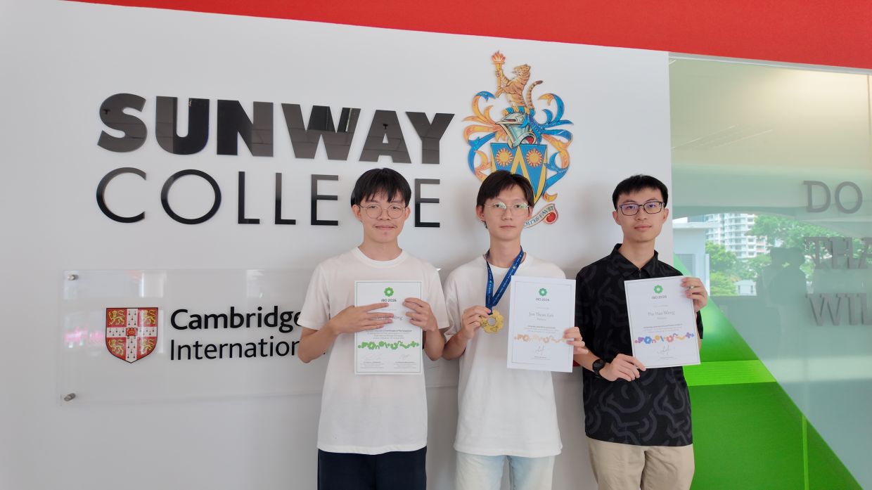 (From left) Sunway College A-Level students Eugene Wong Zane Shaun, Goh and Wong Pin Hao.