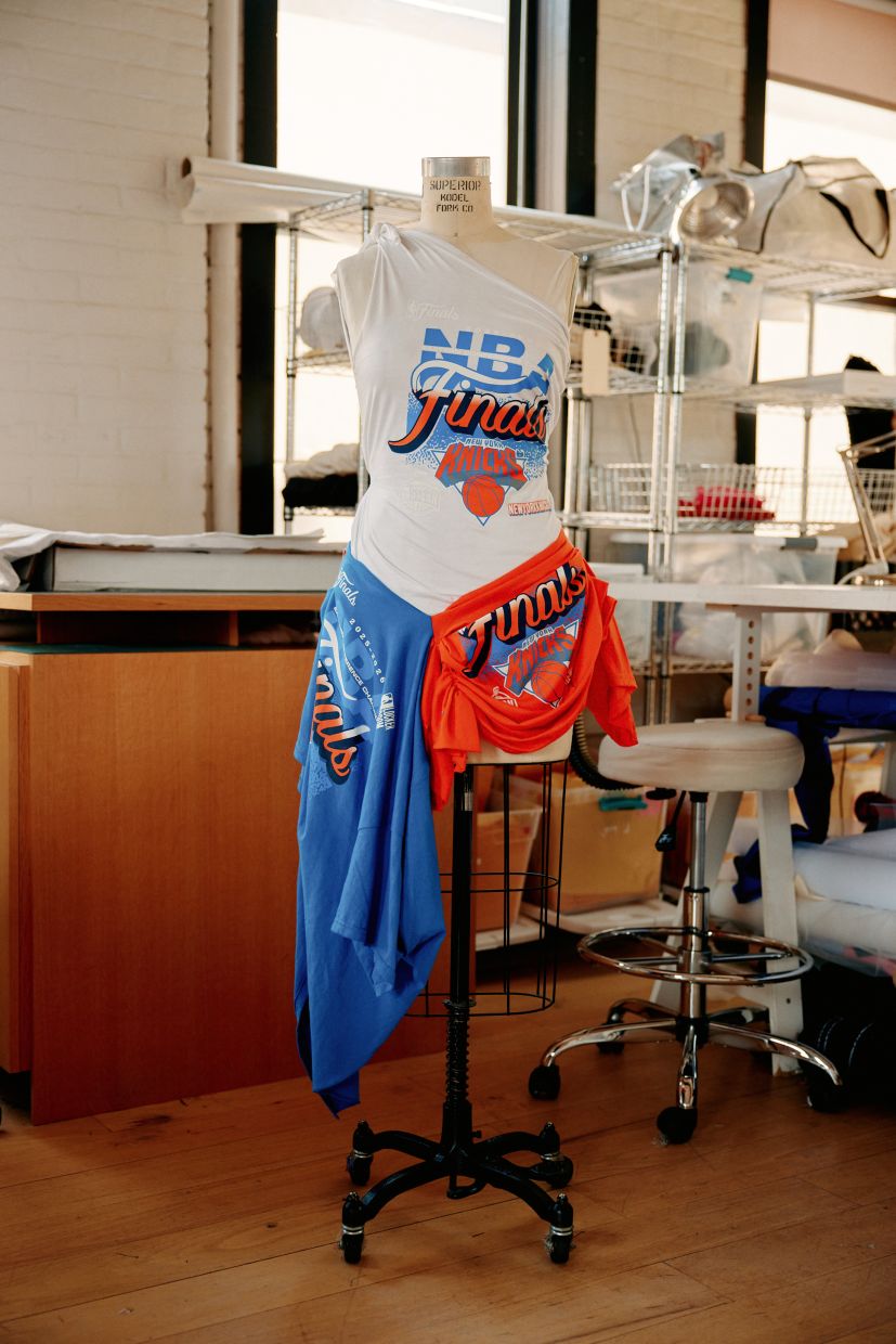 An upcycled Knicks T-shirt dress designed by Claire Sullivan for Rama Duwaji at her studio in the Brooklyn borough in New York. Photo: The New York Times