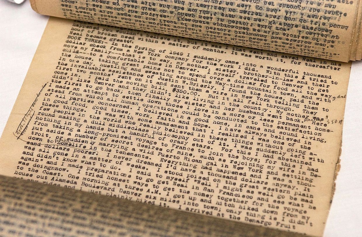 A close-up of the original first draft of Kerouac’s classic work, which has gone on to sell millions worldwide since 1957. Photo: AP
