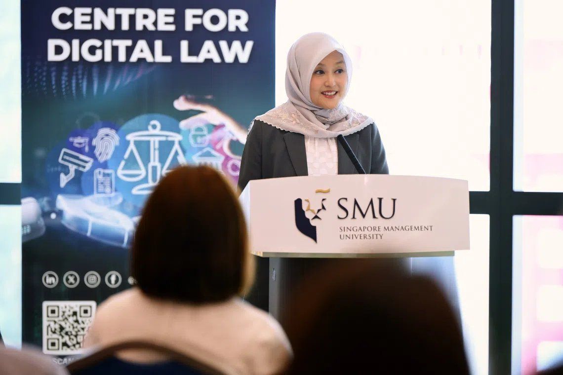 Minister of State for Digital Development and Information Rahayu Mahzam speaking at the release of YouthTechSG’s report at the Singapore Management University on Sept 14. -- ST PHOTO: NG SOR LUAN