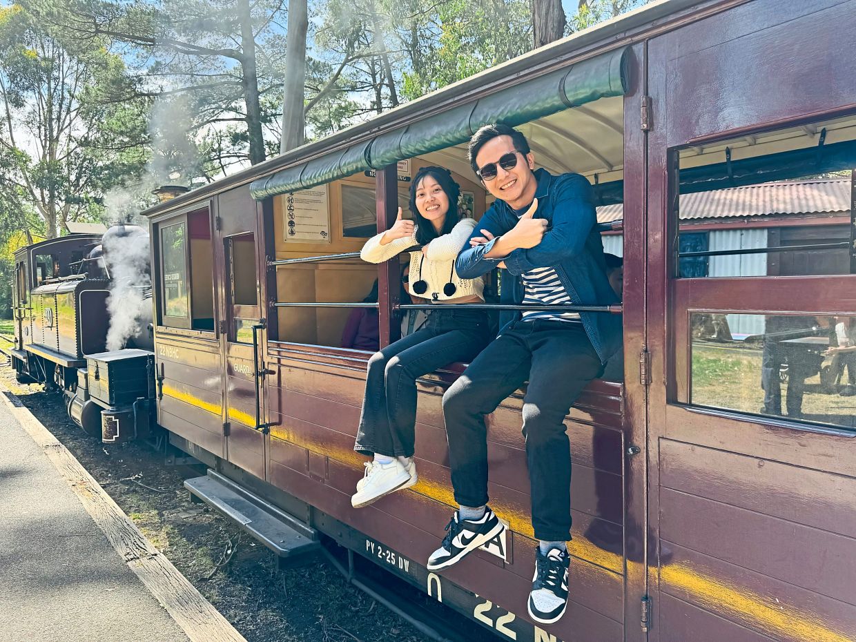 The writer and his wife riding the Puffing Billy, the world’s oldest surviving steam locomotive.