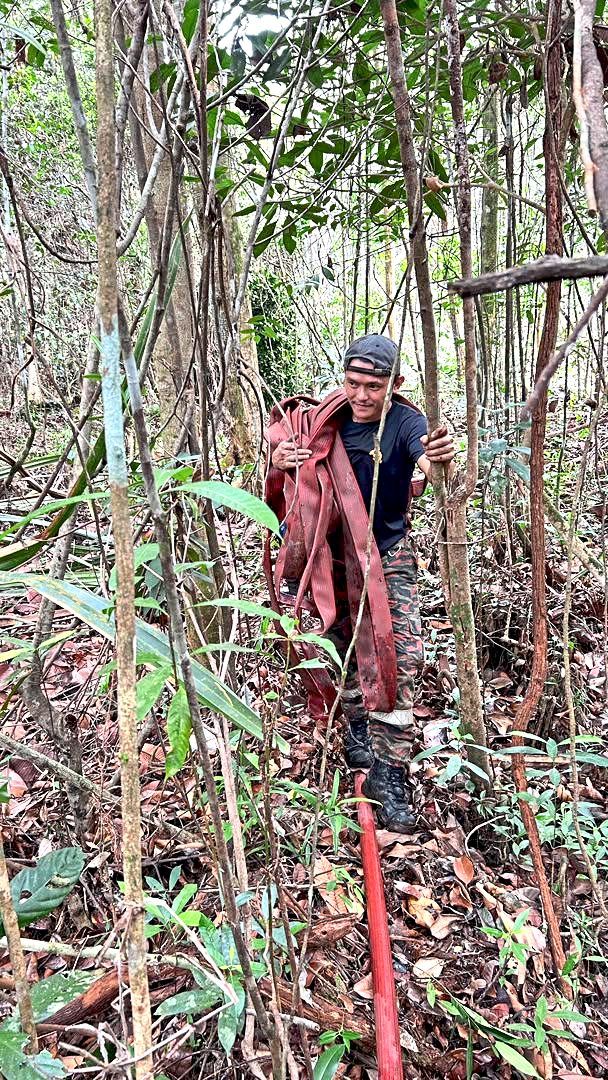 Heavy lifting: A fireman braving shrubs with a hose to put out peat soil fires in Pengerang.