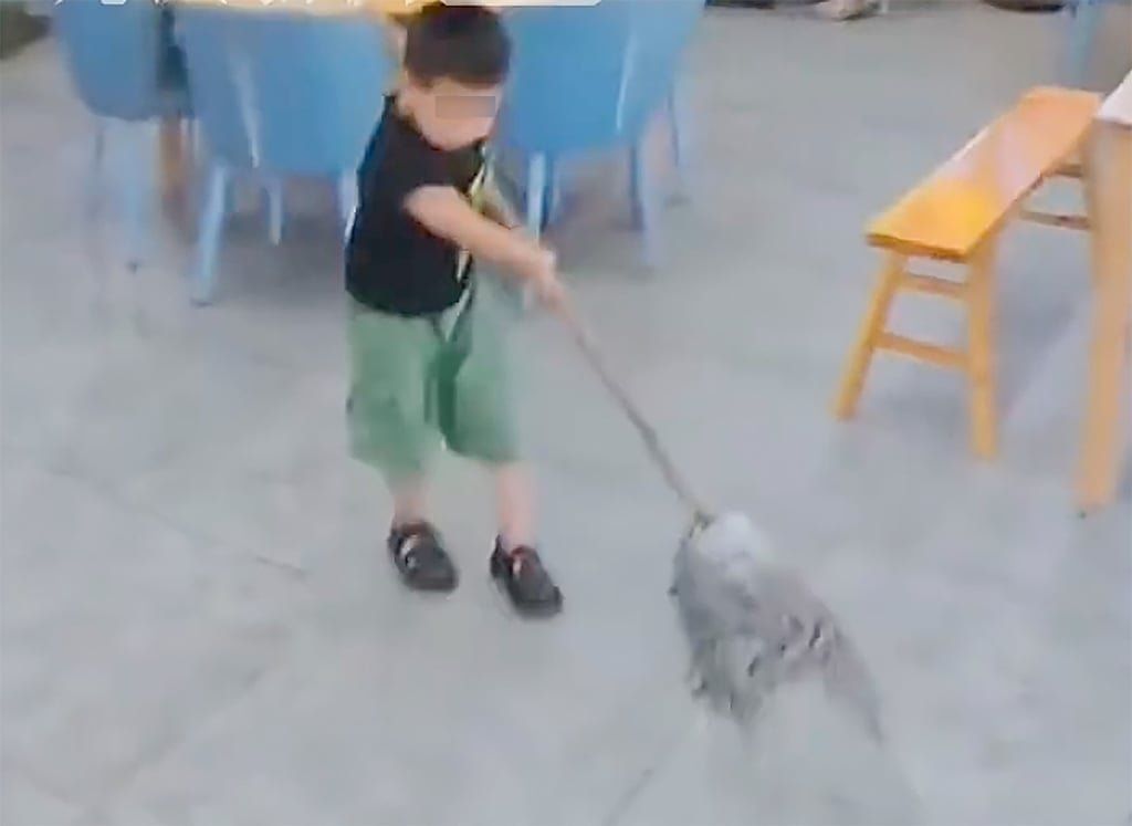 His mother says he loves to help out like a little adult, and the photo above shows him mopping the floor. - Photo: Jiupai News