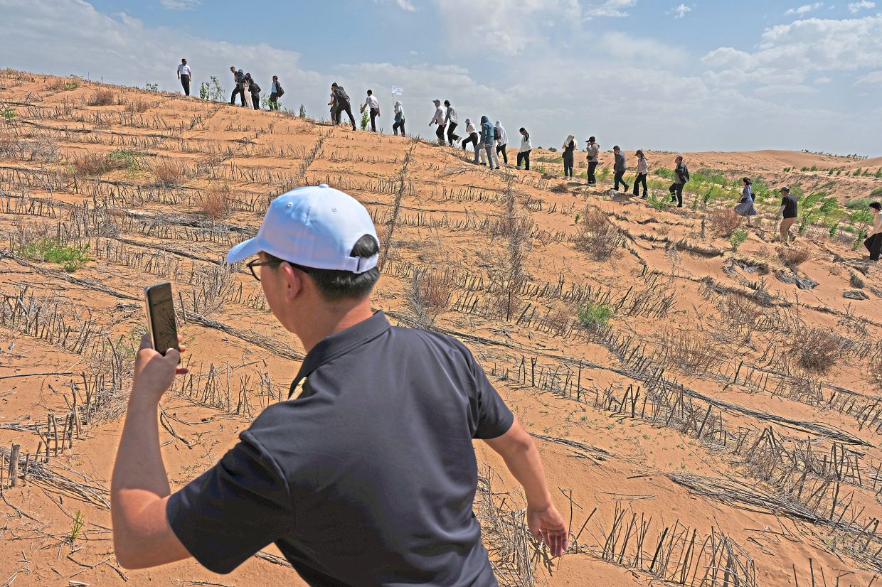 Visitors walk past a grass checkerboard on a sand dune that is part of desertification control efforts at the Engebei Ecological Area.