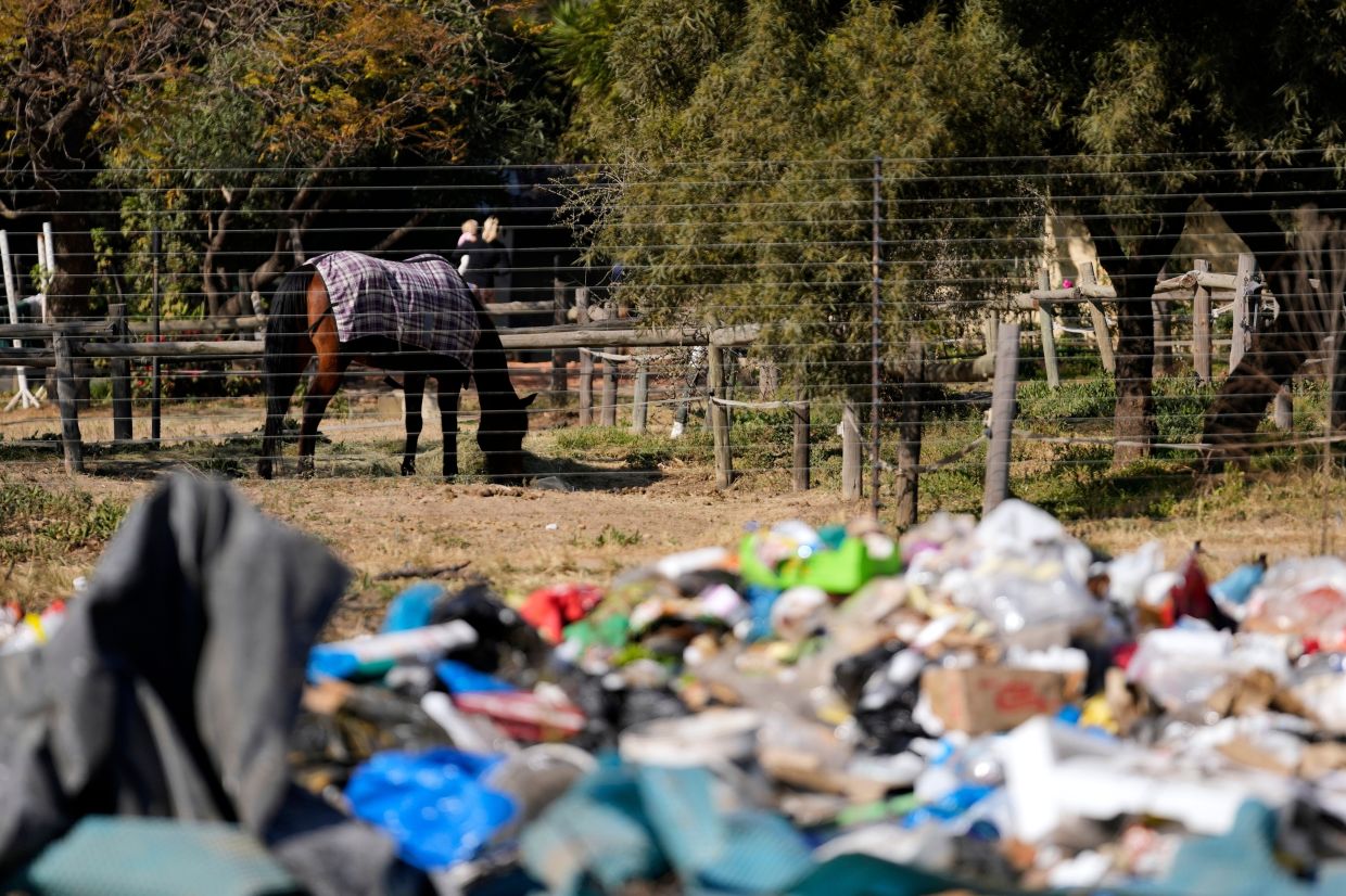 A horse eats grass in pasture near a house, while a fence separates a dumpsite at Kya Sands in Johannesburg.