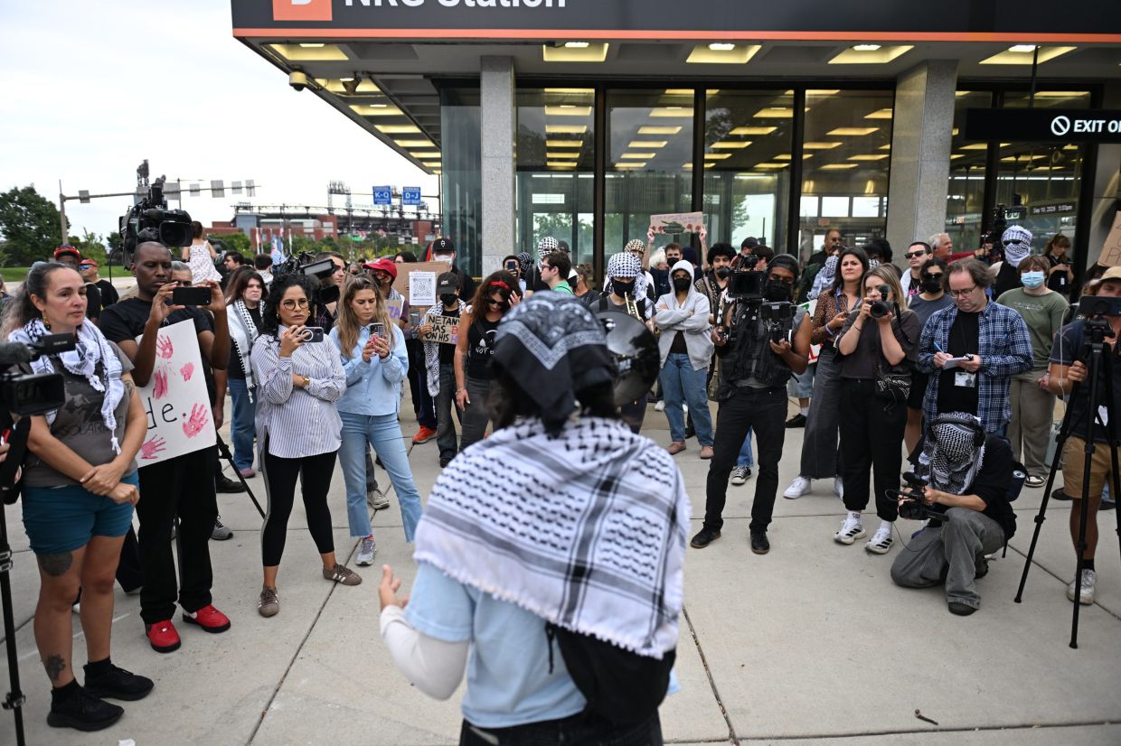 Pro-Palestinian demonstrators gather prior to a protest before an Ed Sheeran concert in Philadelphia, Saturday, Sept 19, 2026. Photo: AP
