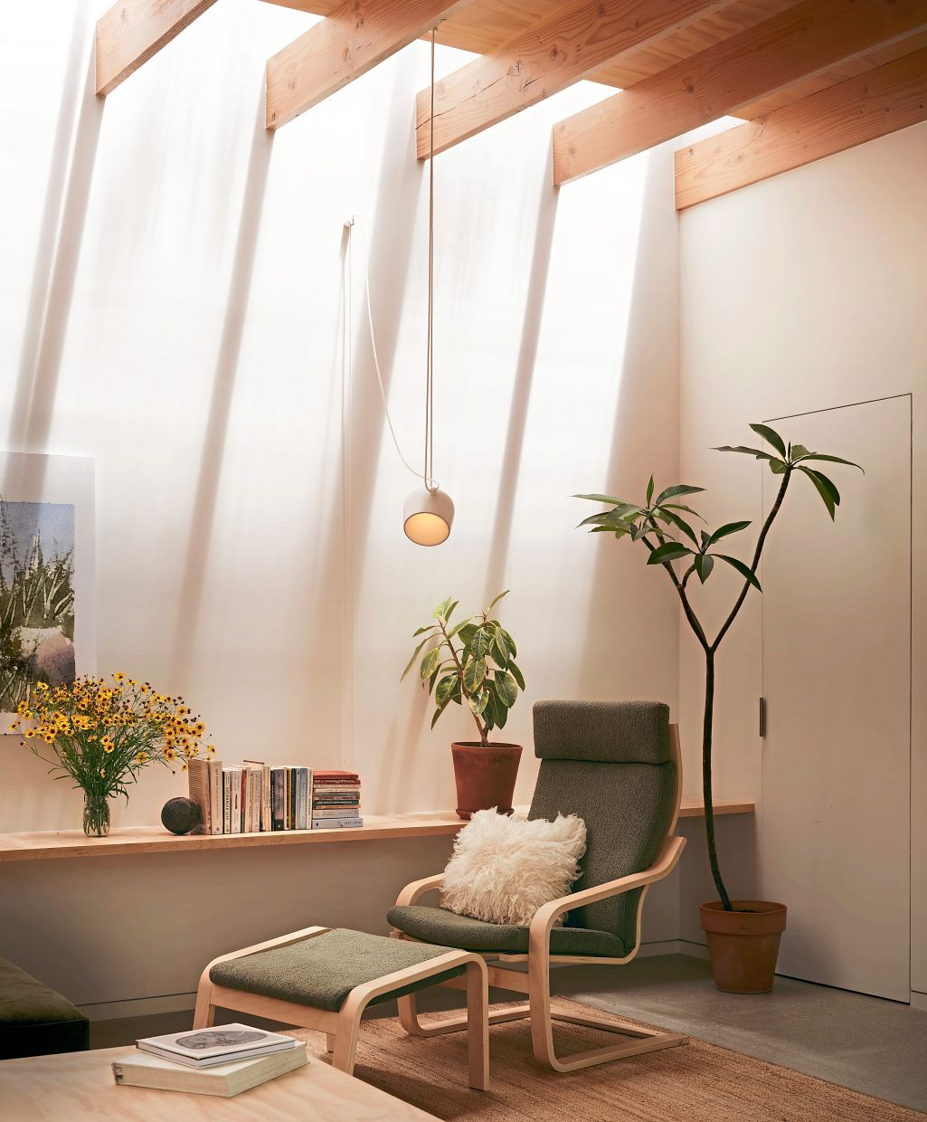 A long skylight washes a wall with sunlight.