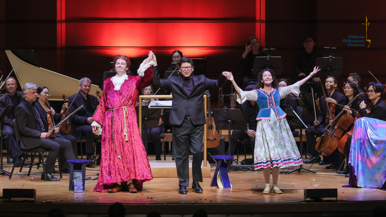Salonga (centre) takes a bow with Petschler (left) and Hren after the show. Salonga hopes the concert experience will resonate in young audiences' minds long after the show ends. Photo: Malaysian Philharmonic Orchestra