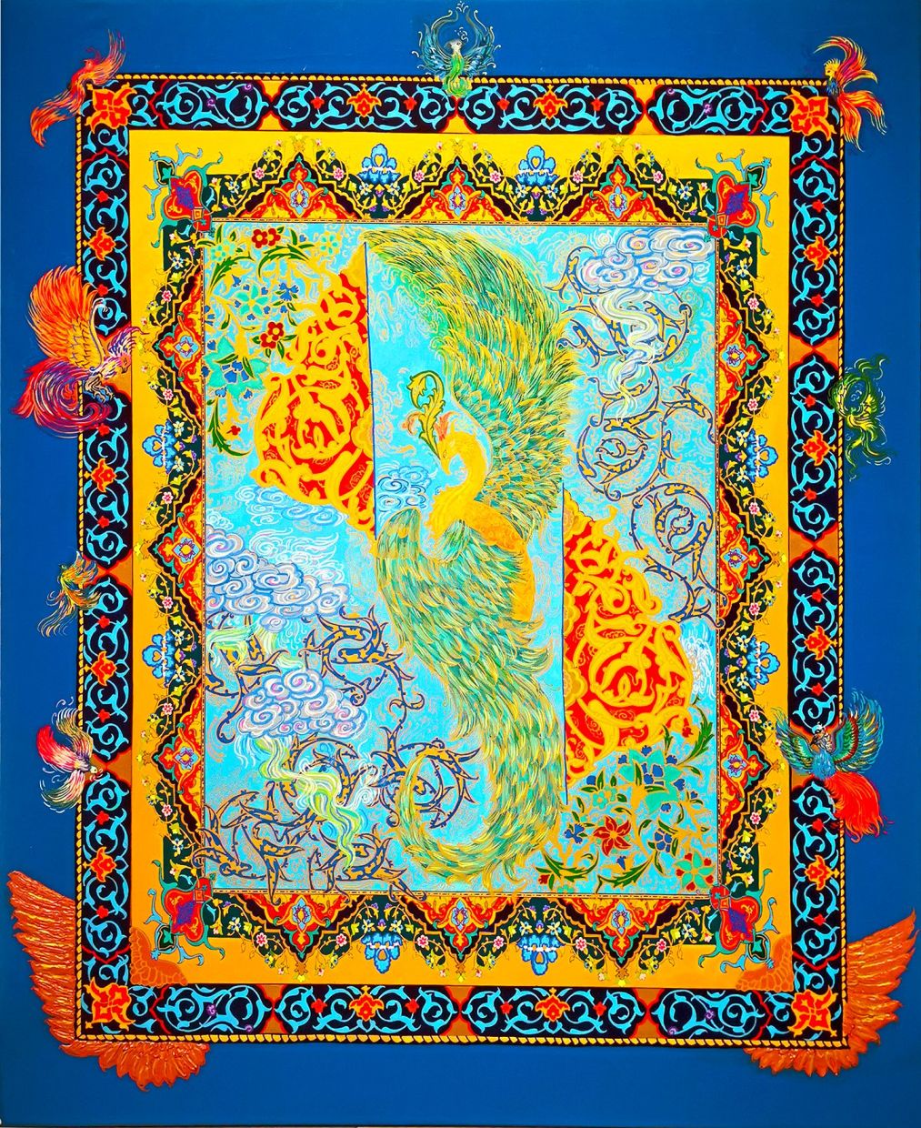 ‘Rebirth’ depicts the Simurgh, a mythical bird of Persian tradition, that symbolises renewal and transformation. 