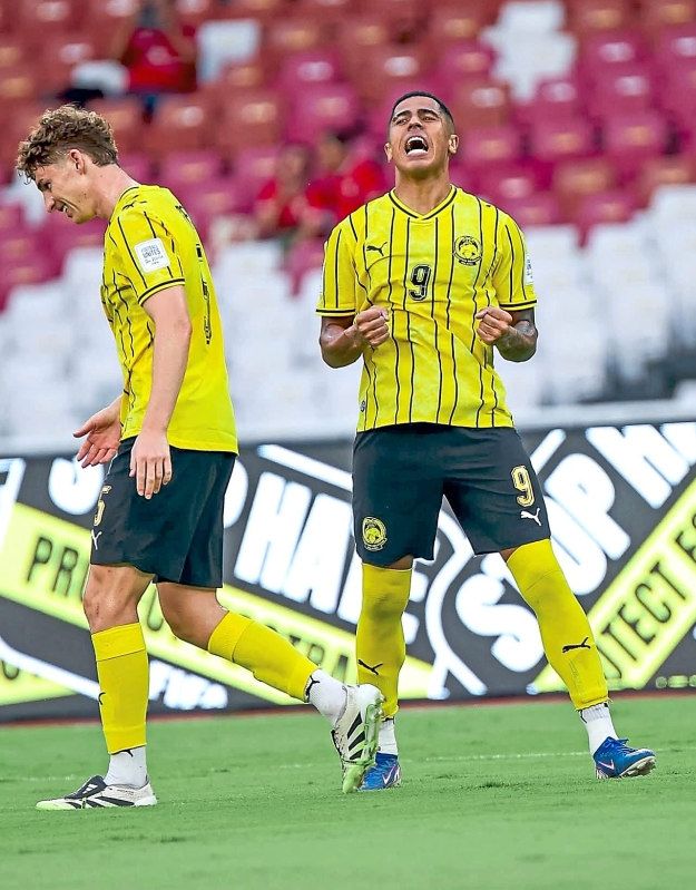 Bullseye!: Malaysia’s Bergson da Silva celebrating after scoring against Bangladesh. Below: Arif Aiman scored a brace. — Malaysia NT