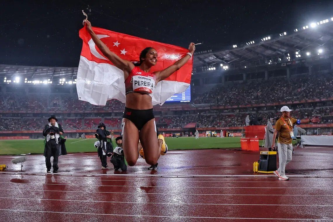 Shanti Pereira cemented her place in history as the first woman to win back-to-back 200m titles at the Asian Games. -- ST PHOTO: KEVIN LIM