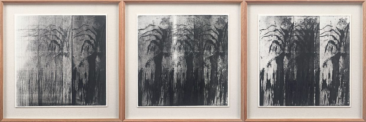 In his etchings, Yeoh carefully layered ink impressions from a single block to create the illusion of moving mountains. — RKFA