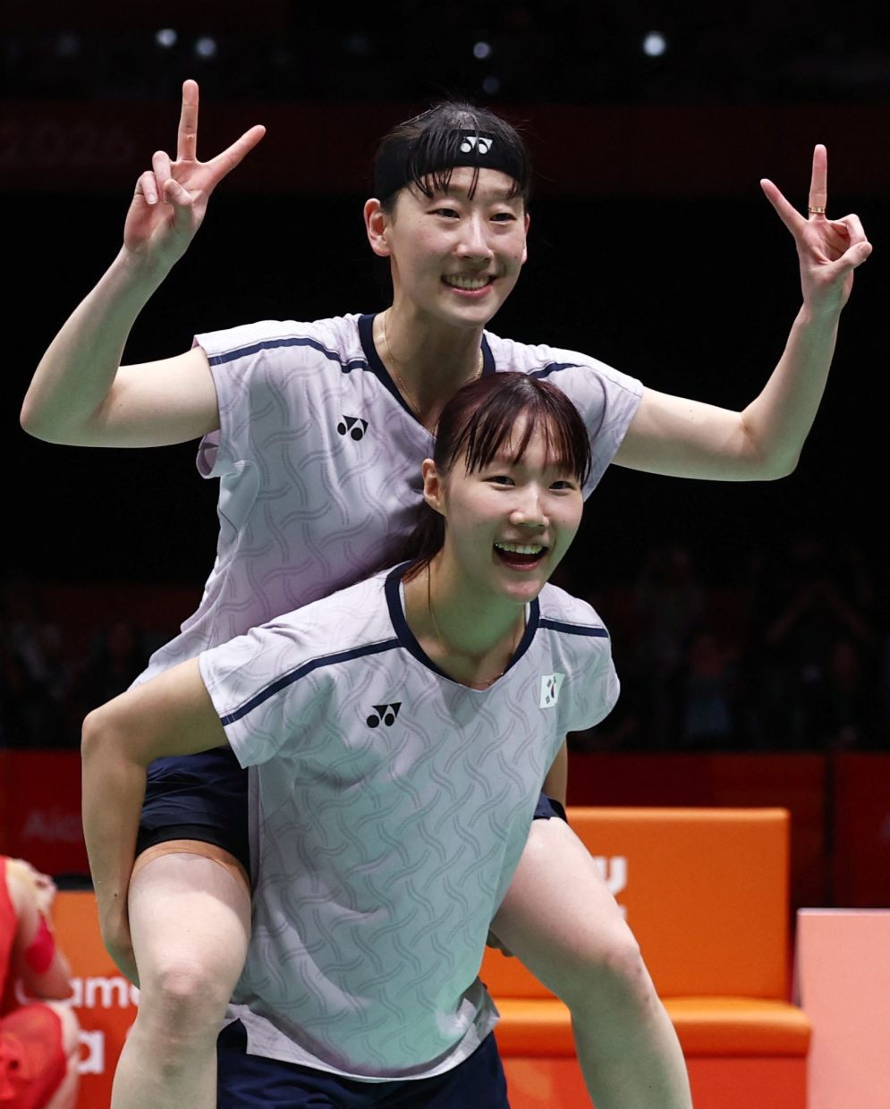  Lee So-hee and Baek Ha-na celebrate after winning the women's doubles. - Reuters.