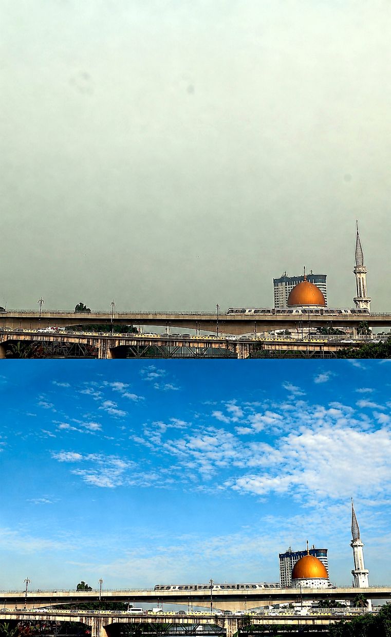 Brief respite: (Top) Klang skies turning grey again yesterday as haze returned only a day after the city saw clear blue skies on Monday (bottom). — KK SHAM/The Star