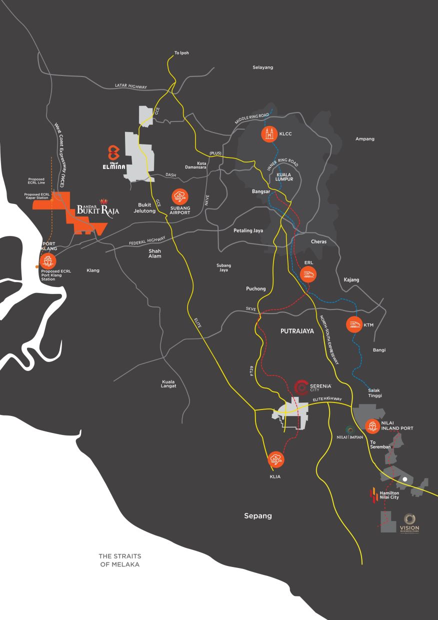 Sime Darby Property's presence across Selangor, illustrating key townships including Subang Jaya, City of Elmina, Bandar Bukit Raja, Serenia City and future growth areas, connected through strategic infrastructure such as the Guthrie Corridor Expressway, West Coast Expressway, major rail networks and Port Klang.