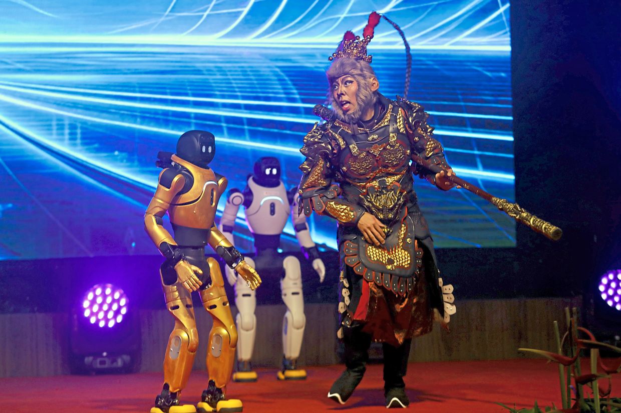 A performance of the tale of the Monkey King, Sun Wukong, alongside AI robots entertaining the audience.