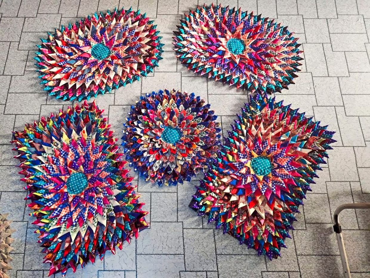 Fabric scraps find a new lease of life in Cheong’s colourful patchwork.