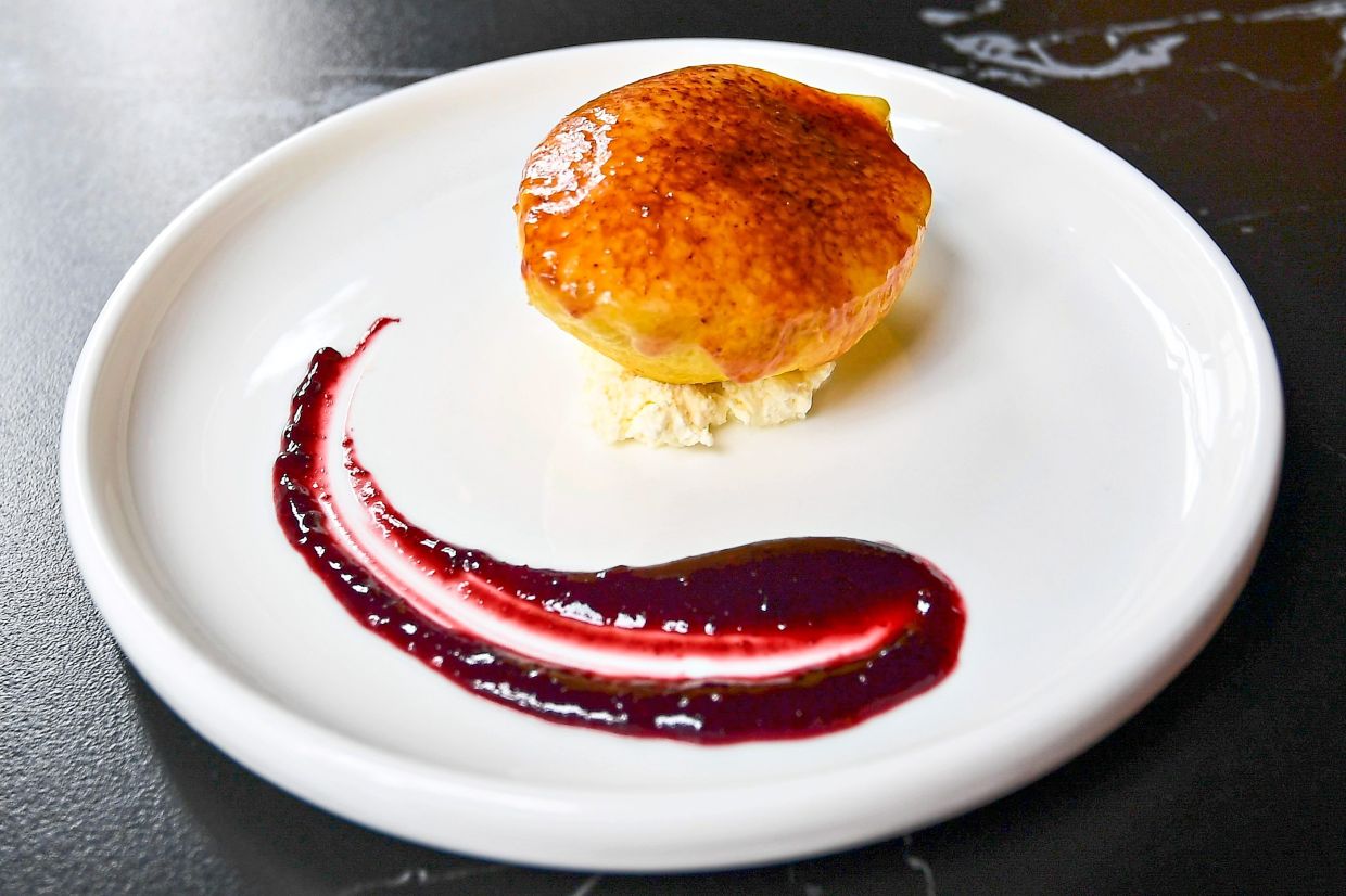The lemon posset brulee is a creamy, tart offering that is a lovely way to end a meal here.