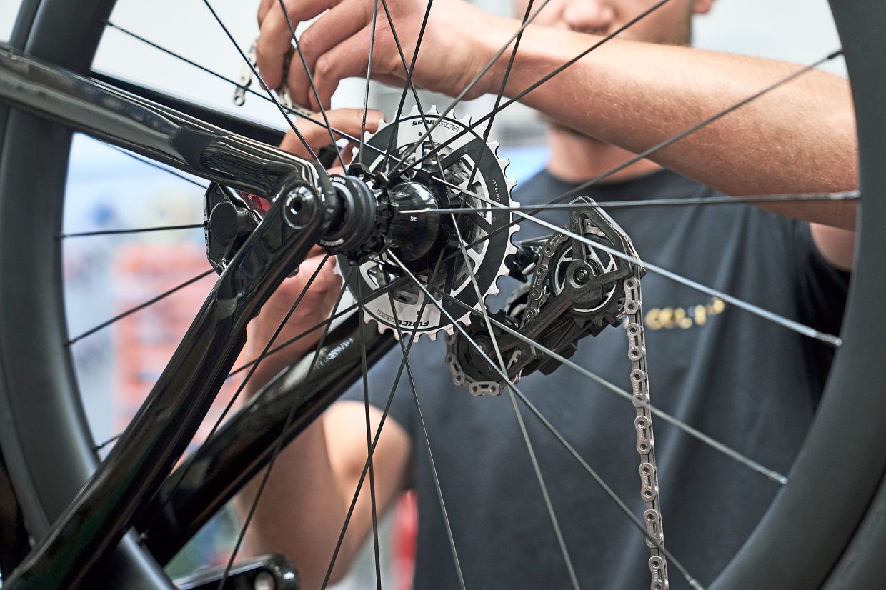 A bicycle’s wheel spokes are reflected in the design language of RM 64-01 watch.