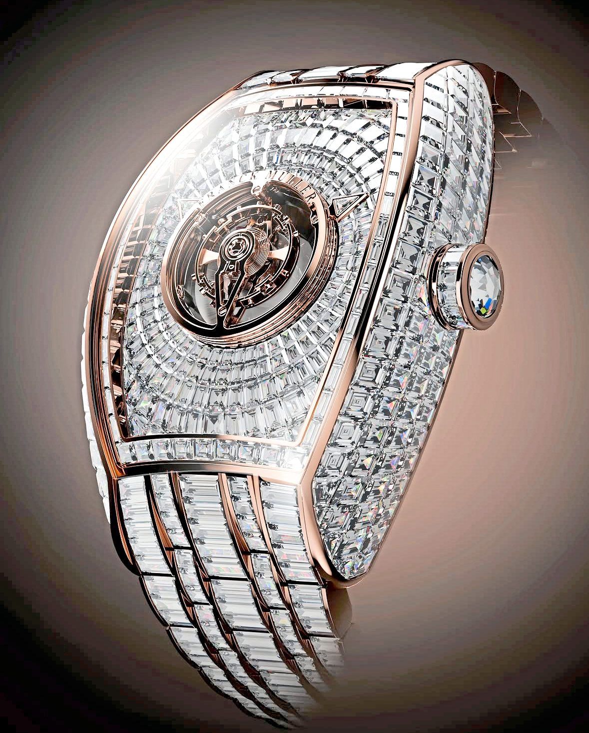 Curvex CX Grand Central Tourbillon Baguette is completely paved with diamonds and places the complication at the very core of the watch.