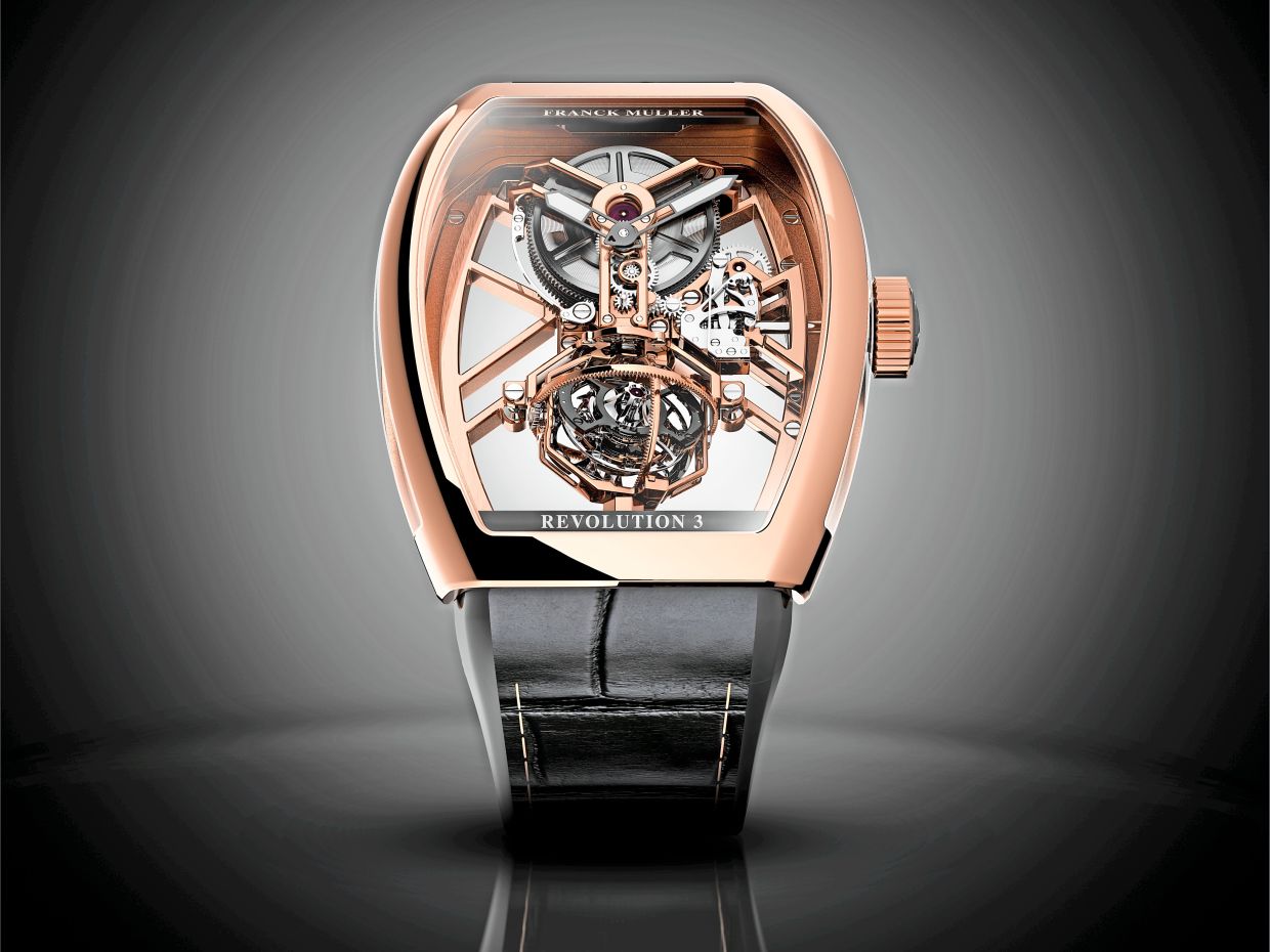 Vanguard Aero Revolution 3 Skeleton showcases Franck Muller’s iconic tri-axial tourbillon.