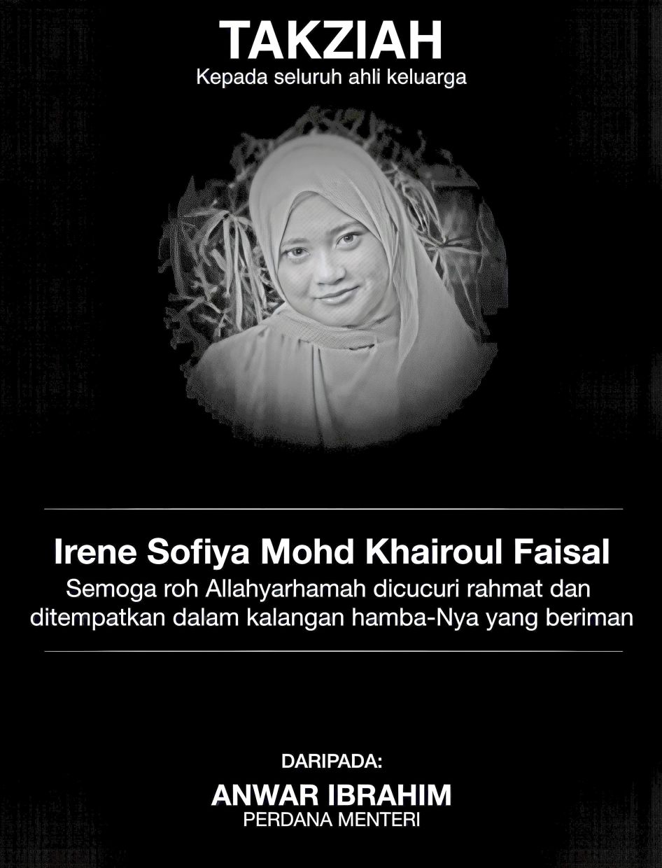Three male students have been detained by police in connection with the murder of a Form Four female student whose body was discovered at a school in Yong Peng on Saturday (Oct 3). The victim, identified as 16-year-old Irene Sofiya Mohd Khairool Faisal, was found dead inside the school hall at around 5.30pm, reported Sinar Harian. — Photo courtesy of Anwar's Facebook page