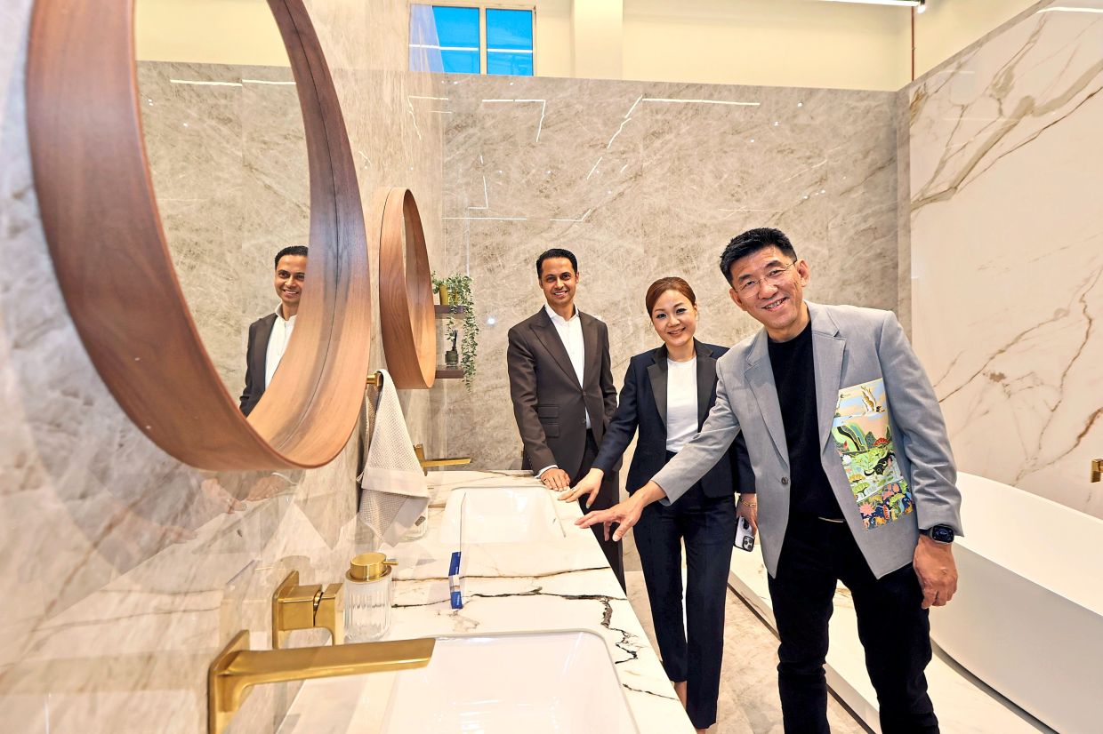 Villeroy & Boch head of sales Abhijit Kar (left), Khoo (centre) and Ngei at the vanity section of Casa Feruni.