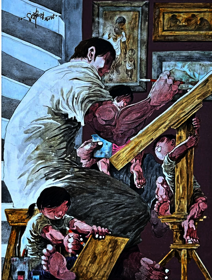 A close-up view of Lee's artwork titled 'Father's Love - Dad, Did You Draw Me In Too?'(acrylic on canvas, 2026). Photo: AweGallery