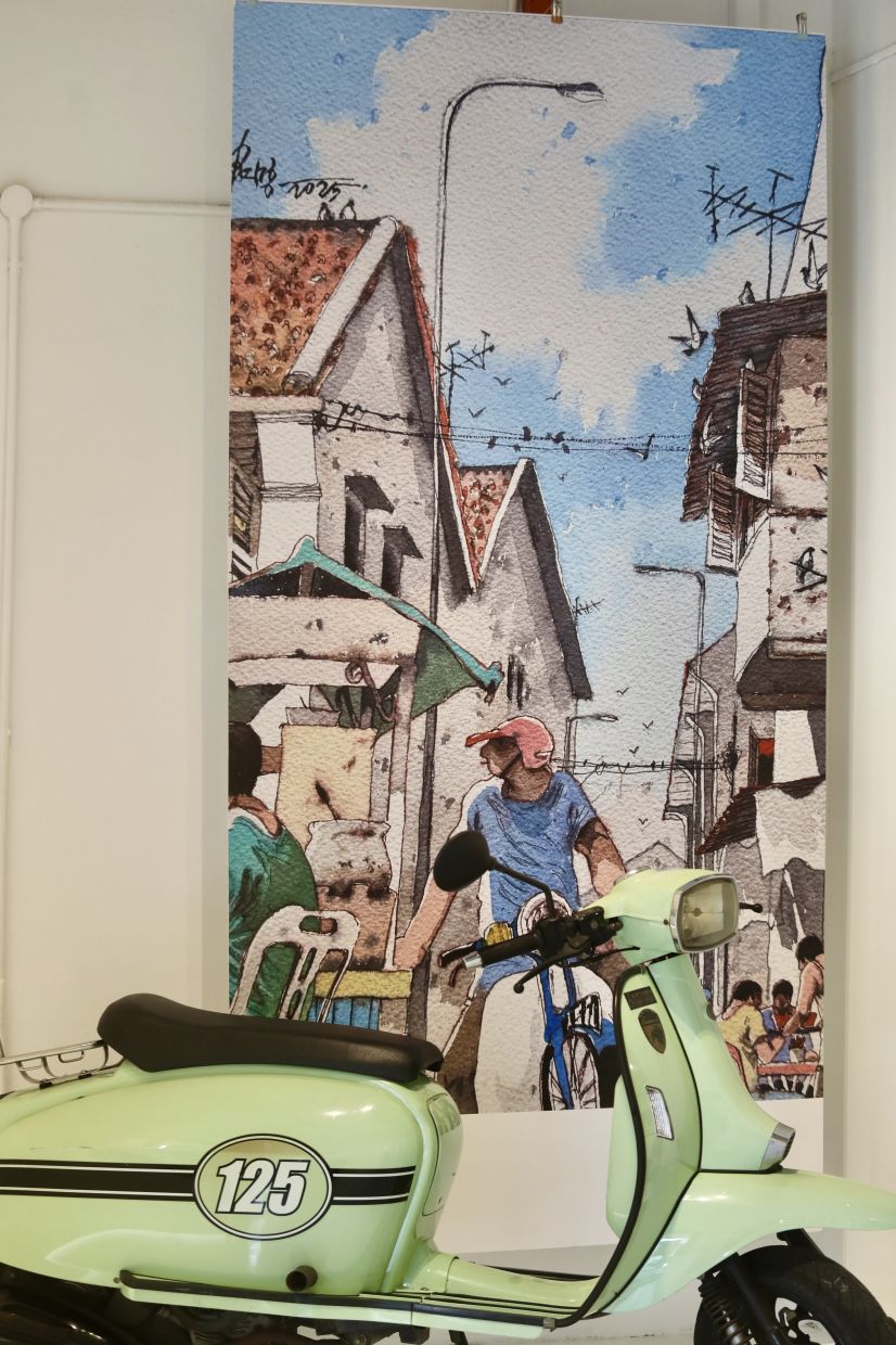 A scooter adds a little extra zip to Lee’s 'Tea Time' (watercolour, 2025) at the gallery. Photo: The Star/Low Lay Phon 