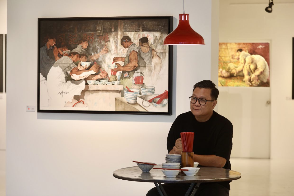 Lee Eng Beng at 'Hari-Hari', his exhibition at AweGallery in Petaling Jaya, featuring nearly 40 works and props. Photo: The Star/Low Lay Phon