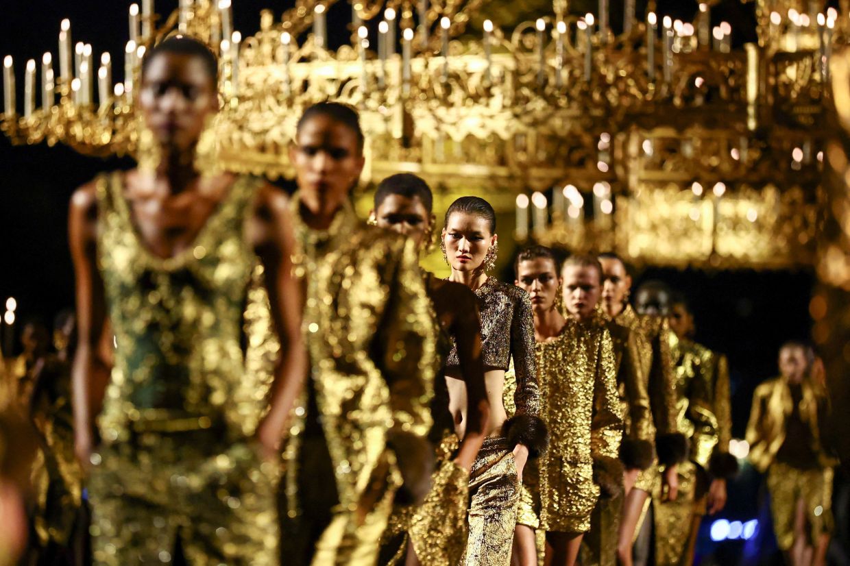 Models present creations by designer Anthony Vaccarello as part of his Spring/Summer 2027 womenwear collection. Photo: Reuters