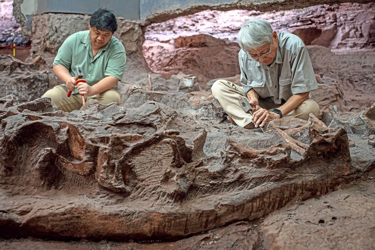 Unearthed knowledge: Suravech and Varavudh excavating a dinosaur fossil at Phu Wiang National Park in Khon Kaen. 