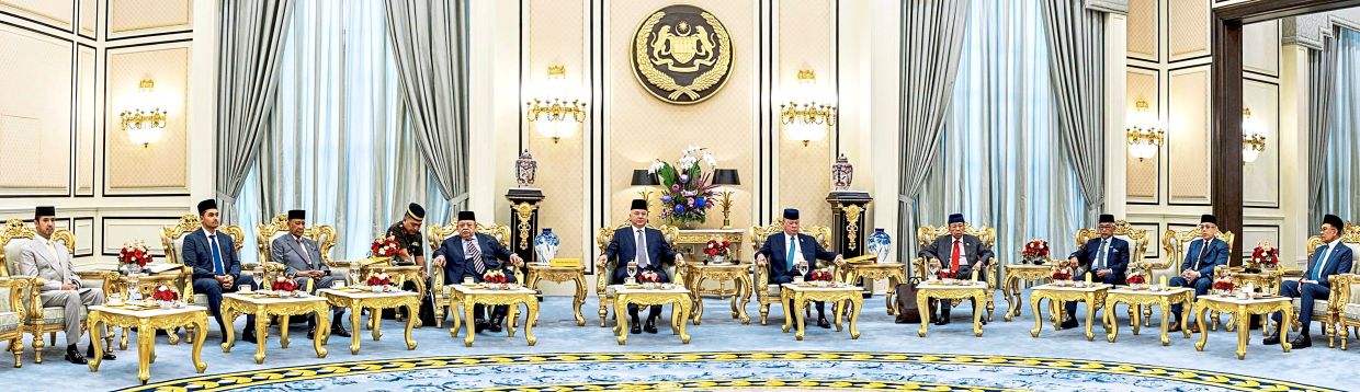 Royal gathering: (From left) Tunku Idris, Raja Muda Terengganu Tengku Muhammad Ismail ibni Al-Wathiqu Billah Sultan Mizan Zainal Abidin, Kedah Ruler Sultan Sallehuddin ibni Almarhum Sultan Badlishah, Perlis Ruler Tuanku Syed Sirajuddin Jamalullail, Sultan Nazrin, Sultan Ibrahim, Selangor Ruler Sultan Sharafuddin Idris Shah, Pahang Ruler Al-Sultan Abdullah Ri’ayatuddin Al-Mustafa Billah Shah, Tengku Mahkota Kelantan Tengku Muhammad Fakhry Petra and Prime Minister Datuk Seri Anwar Ibrahim attending the pre-council meeting of the 273rd Conference of Rulers at Istana Negara. — Photo from Sultan Ibrahim’s Facebook page