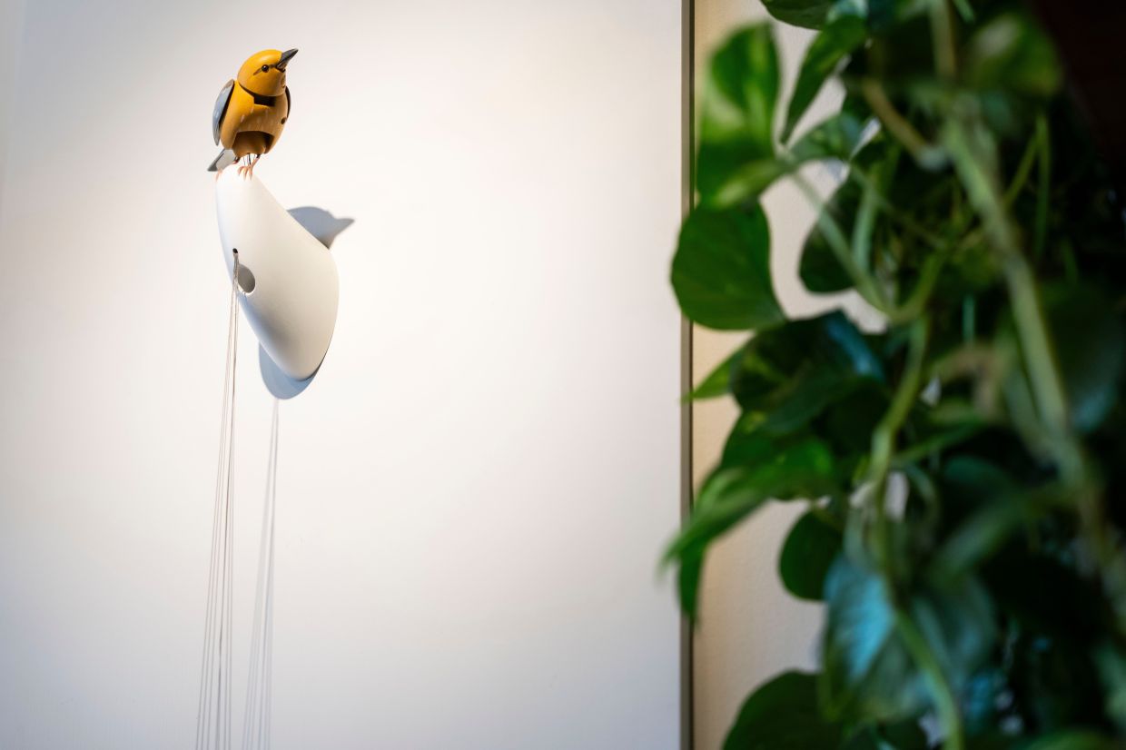 Molly, a singing and dancing mechanical bird, by Bliss Kolb, is displayed at Art of Play. Photo: AP