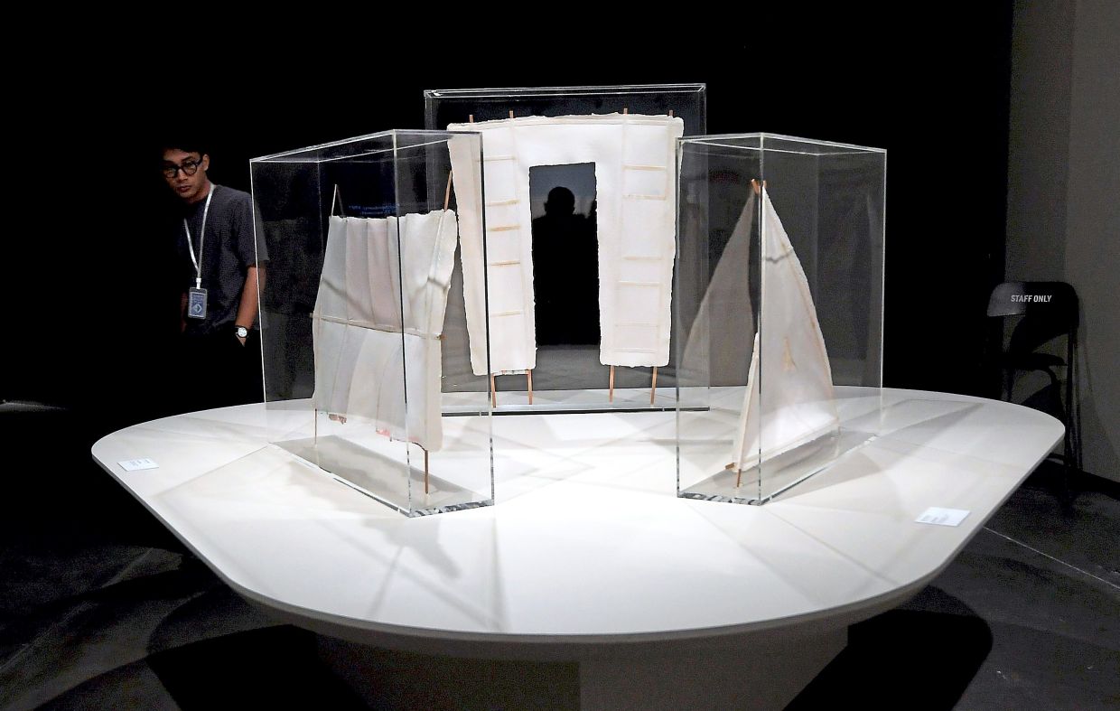 Rauschenberg's 'Bones' series in 1975 was made at the same time as the 'Unions' series, which was over the course of a month at the Gandhi Ashram (Sabarmati) in Ahmedabad, India. The 'Bones' consist of handmade paper with bamboo and fabric. Photo: The Star/Azhar Mahfof