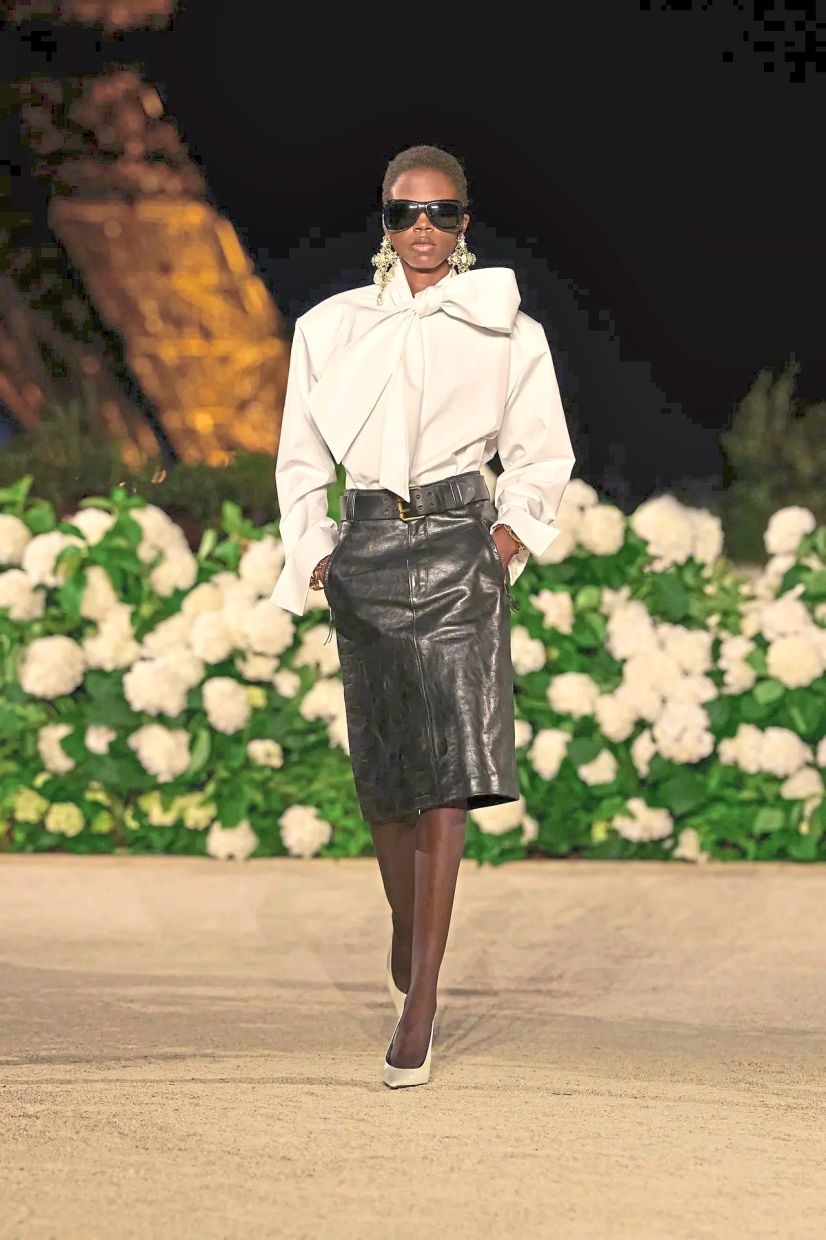 Stiffer materials lend a bold edge to this trend, bringing definition to the neckline for a striking finish. Photo: Saint Laurent