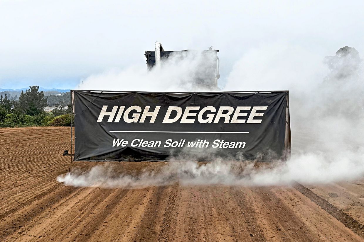 A steam-powered farming machine being tested by High Degree, an agriculture startup, in Watsonville.