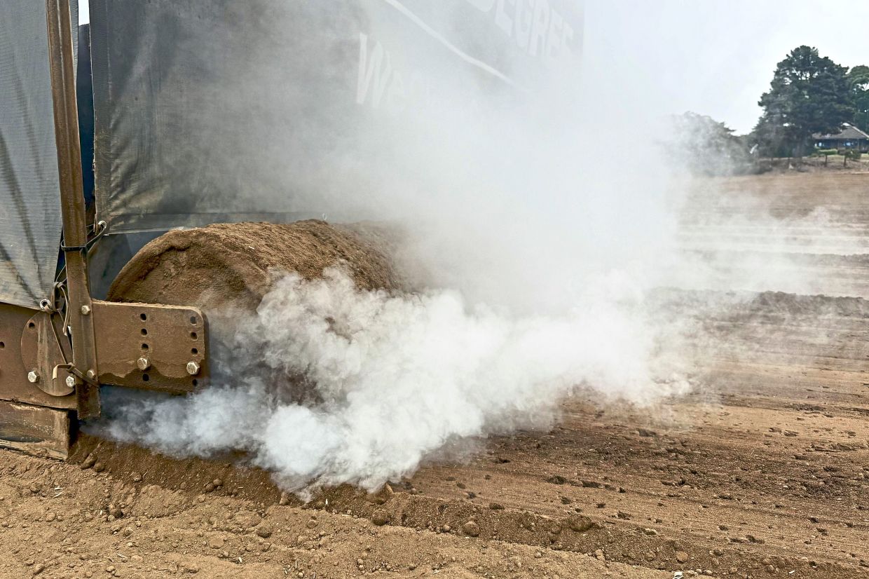 A steam-powered farming machine being tested by High Degree, an agriculture startup, in Watsonville.